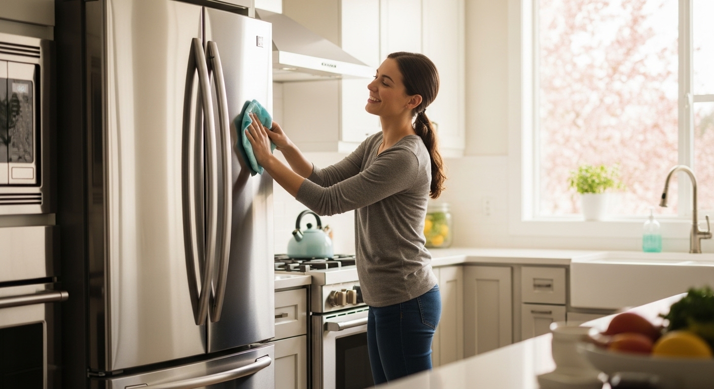 Abbotsford homeowner happily spring cleaning kitchen appliances