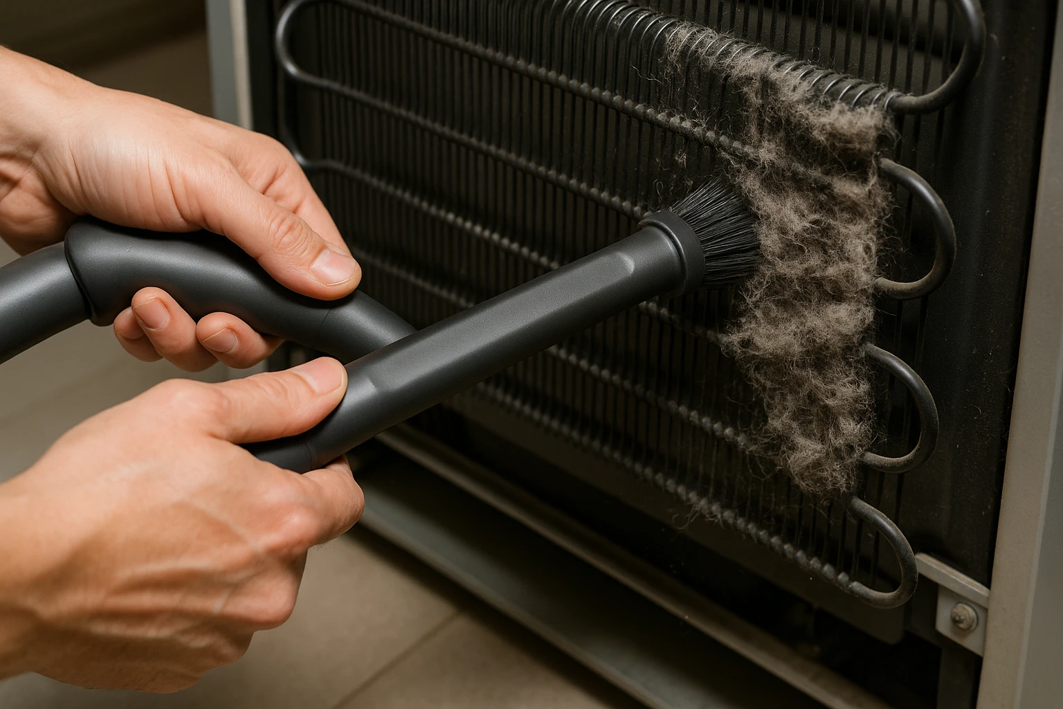 A technician cleaning the dusty condenser coils on the back of a refrigerator in preparation for winter.