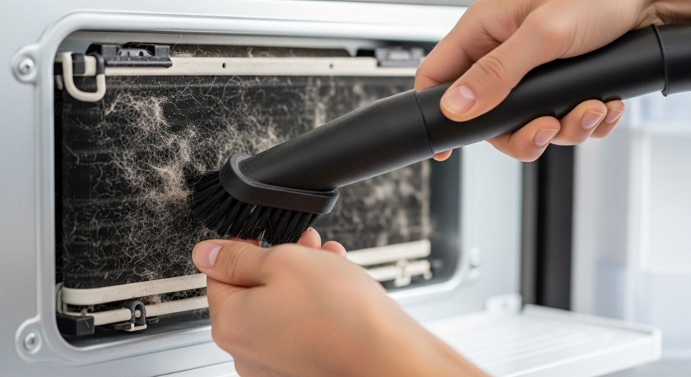 Using a vacuum with a brush attachment to clean dusty refrigerator condenser coils.