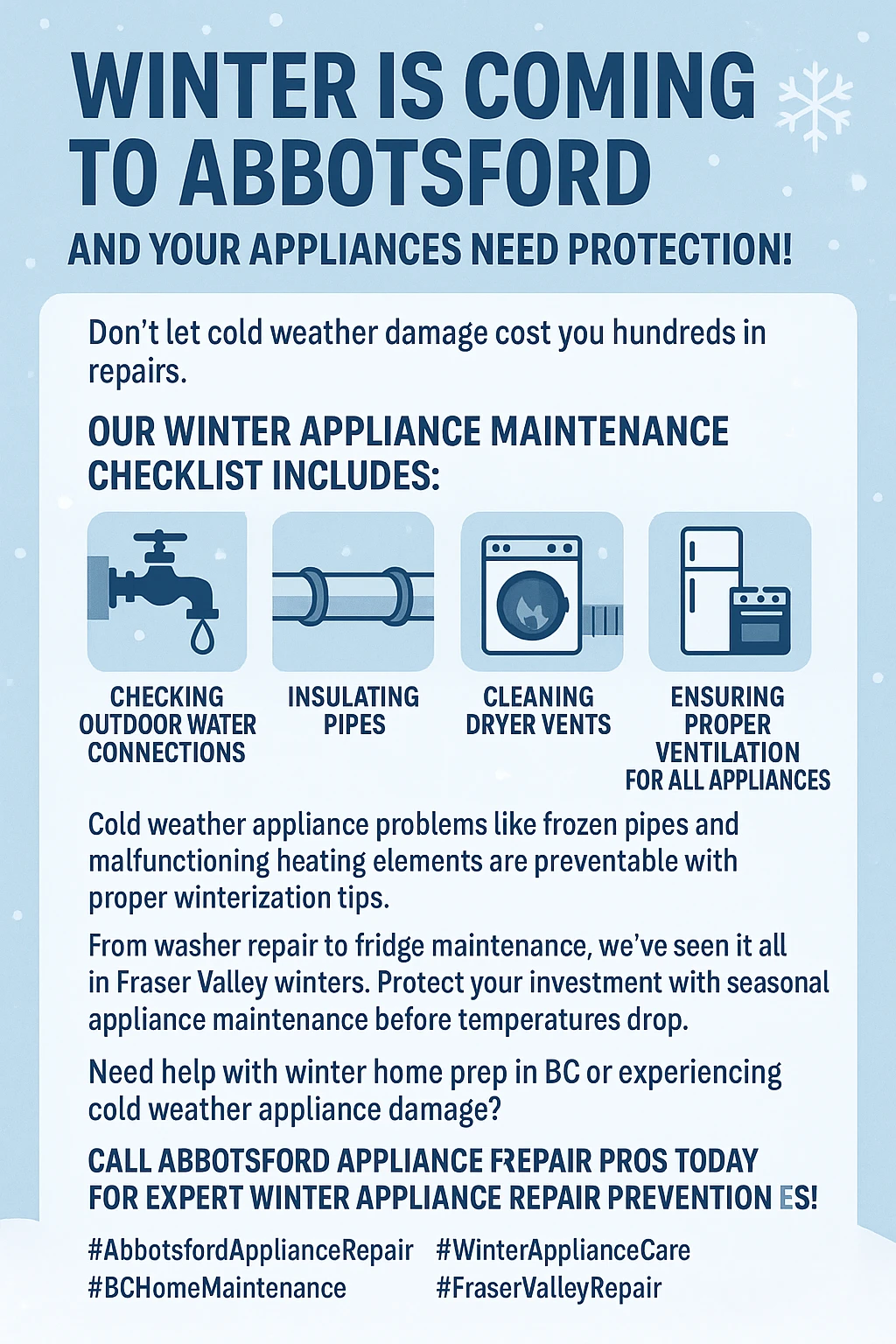 Infographic with key tips for winter appliance protection in Abbotsford