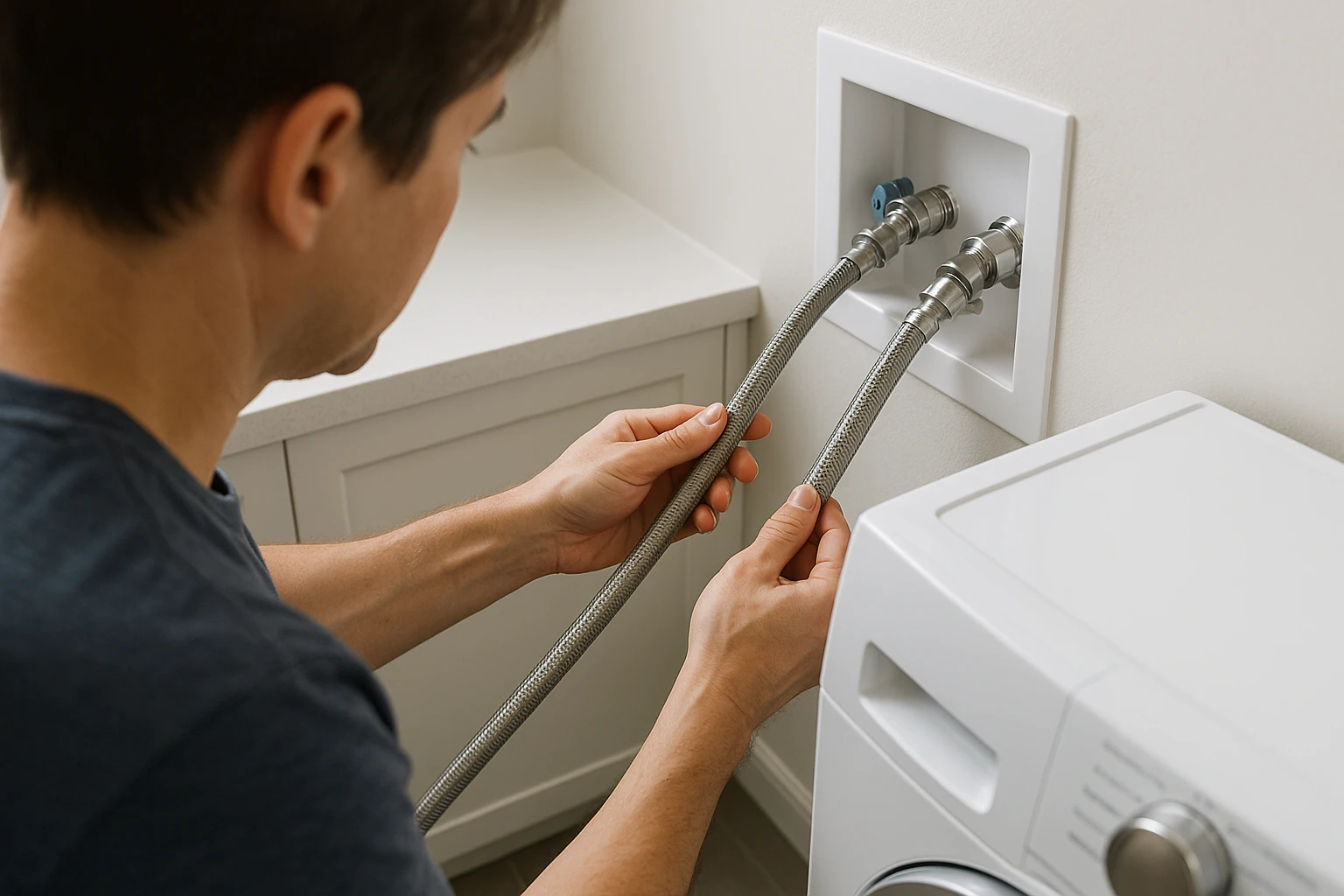 A person inspecting the braided steel hoses on the back of a washing machine for winter damage or leaks.