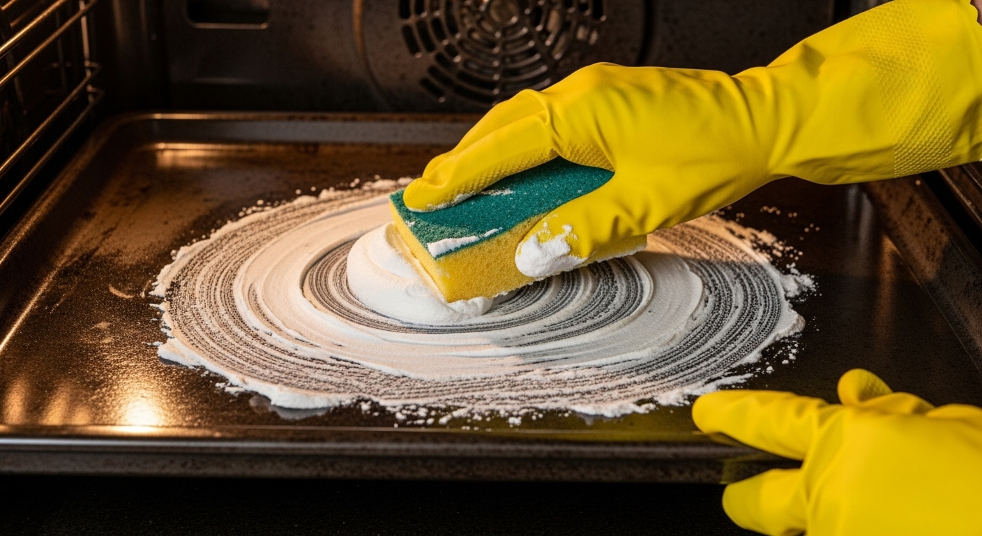 Spreading a natural oven cleaning paste made of baking soda inside a dirty oven.