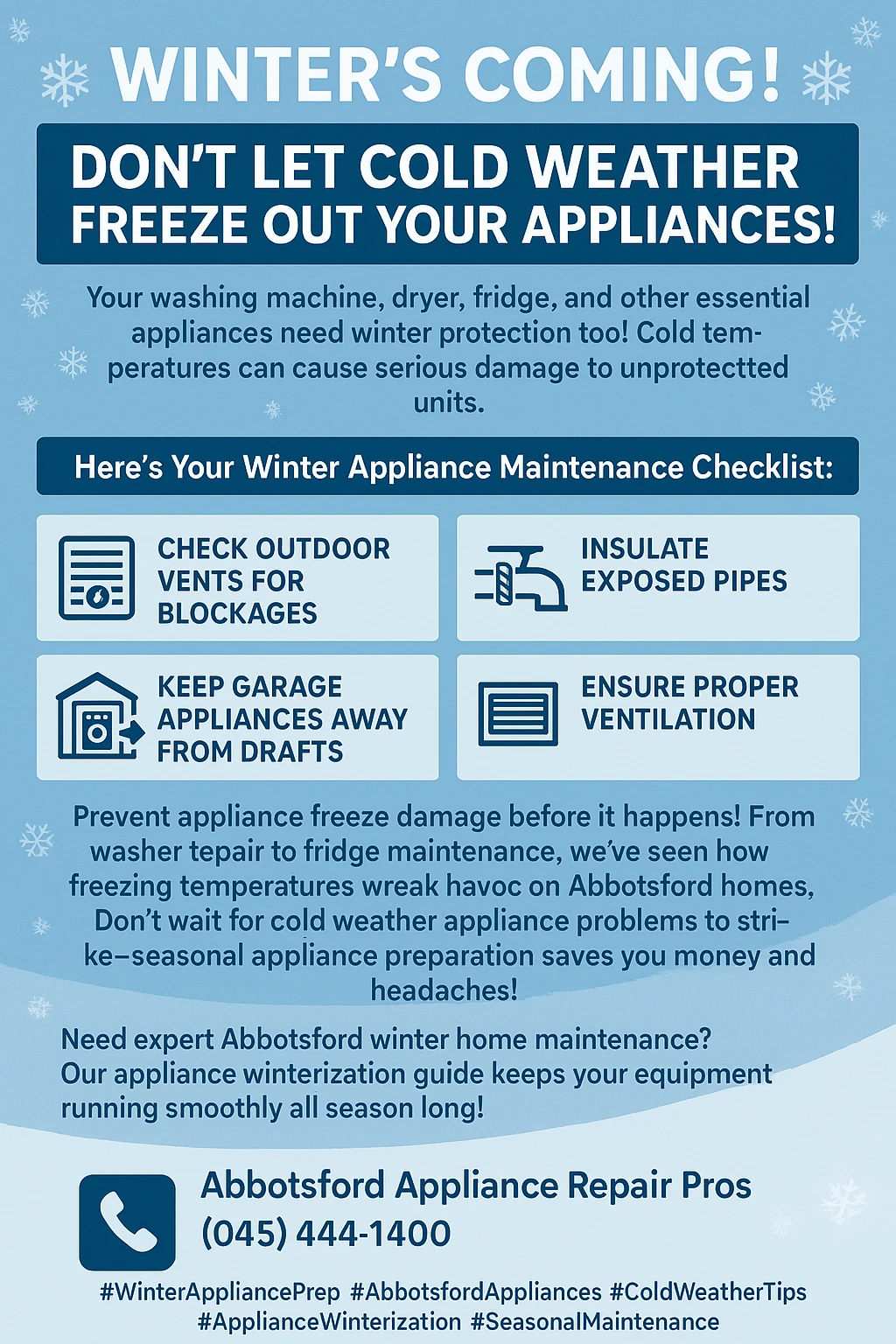 Winter appliance preparation key takeaways infographic