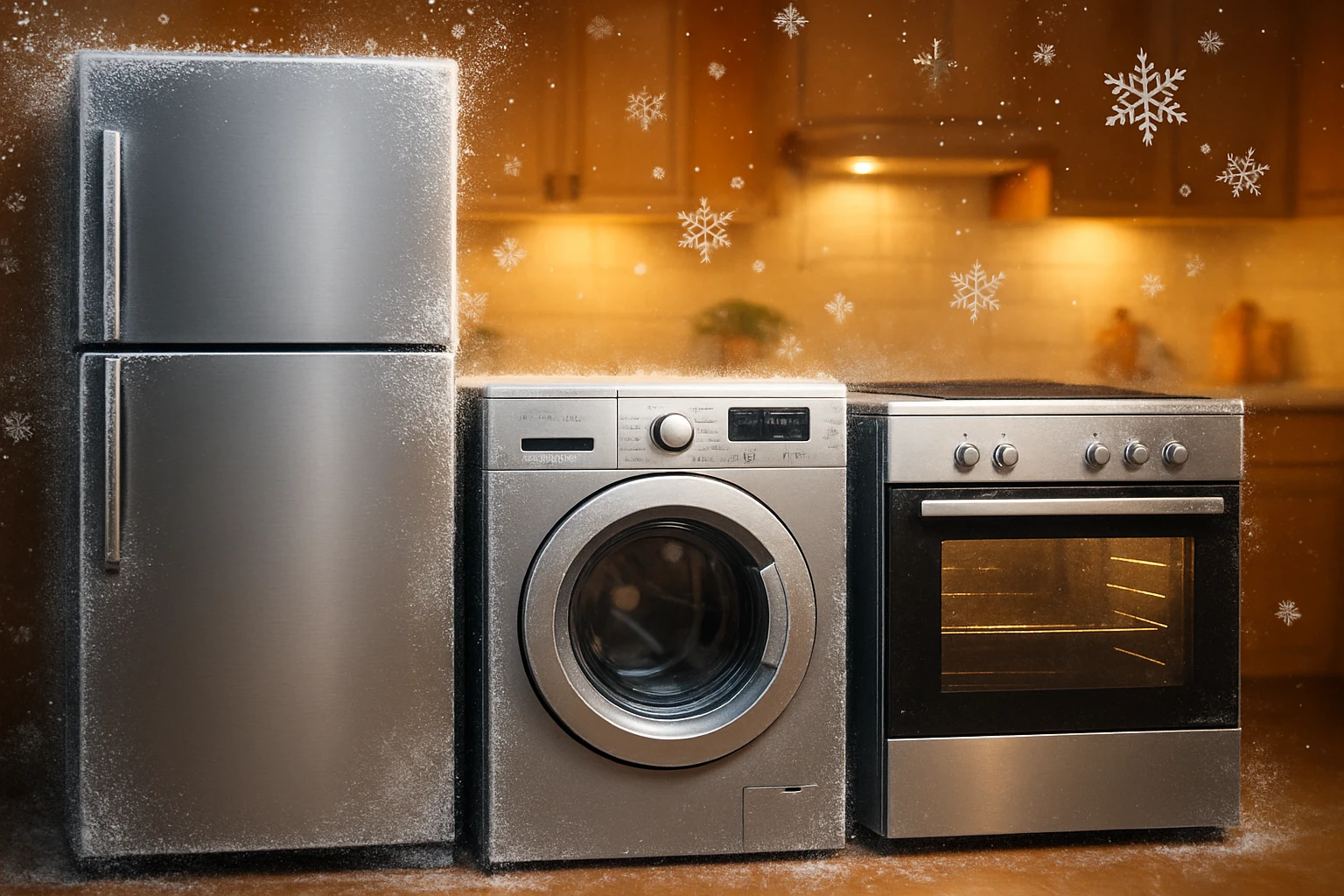 A collage of appliances with a snowflake overlay representing winter appliance protection from cold weather.