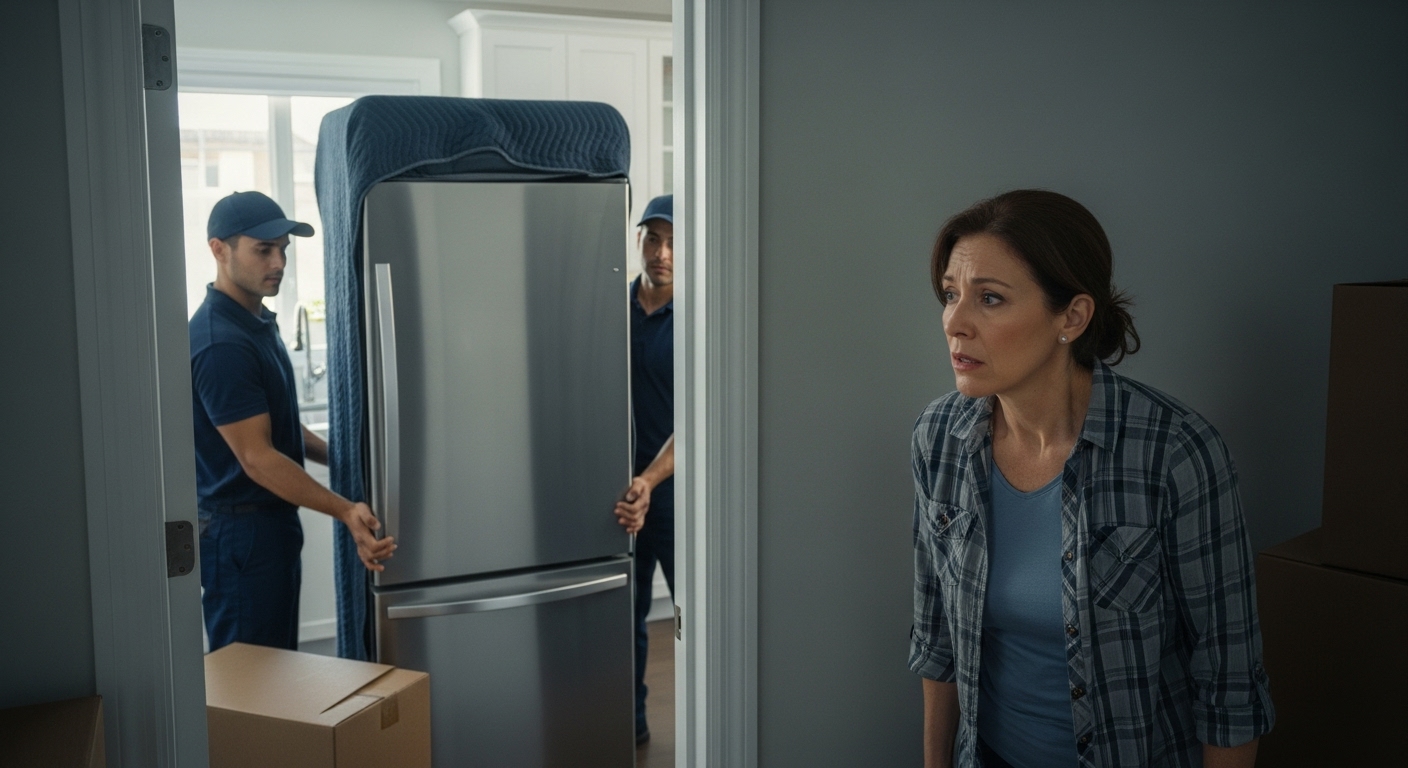 A person looking stressed and overwhelmed while preparing to move large home appliances.