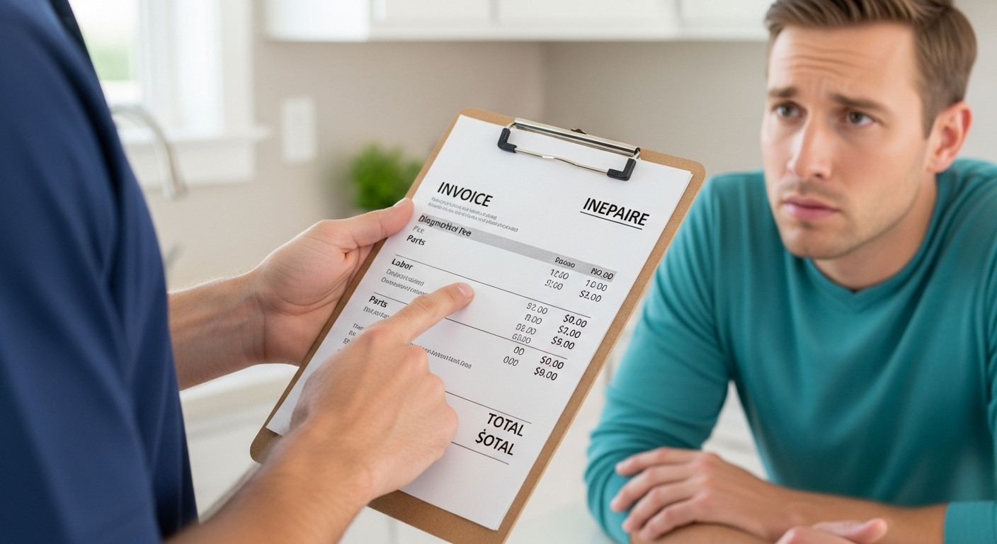An Abbotsford appliance repair technician analyzing the cost of a post-warranty repair.