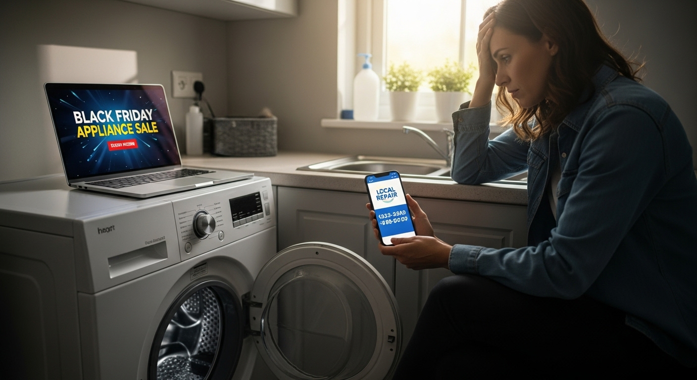 Abbotsford homeowner looking at a broken appliance and thinking about Black Friday deals.