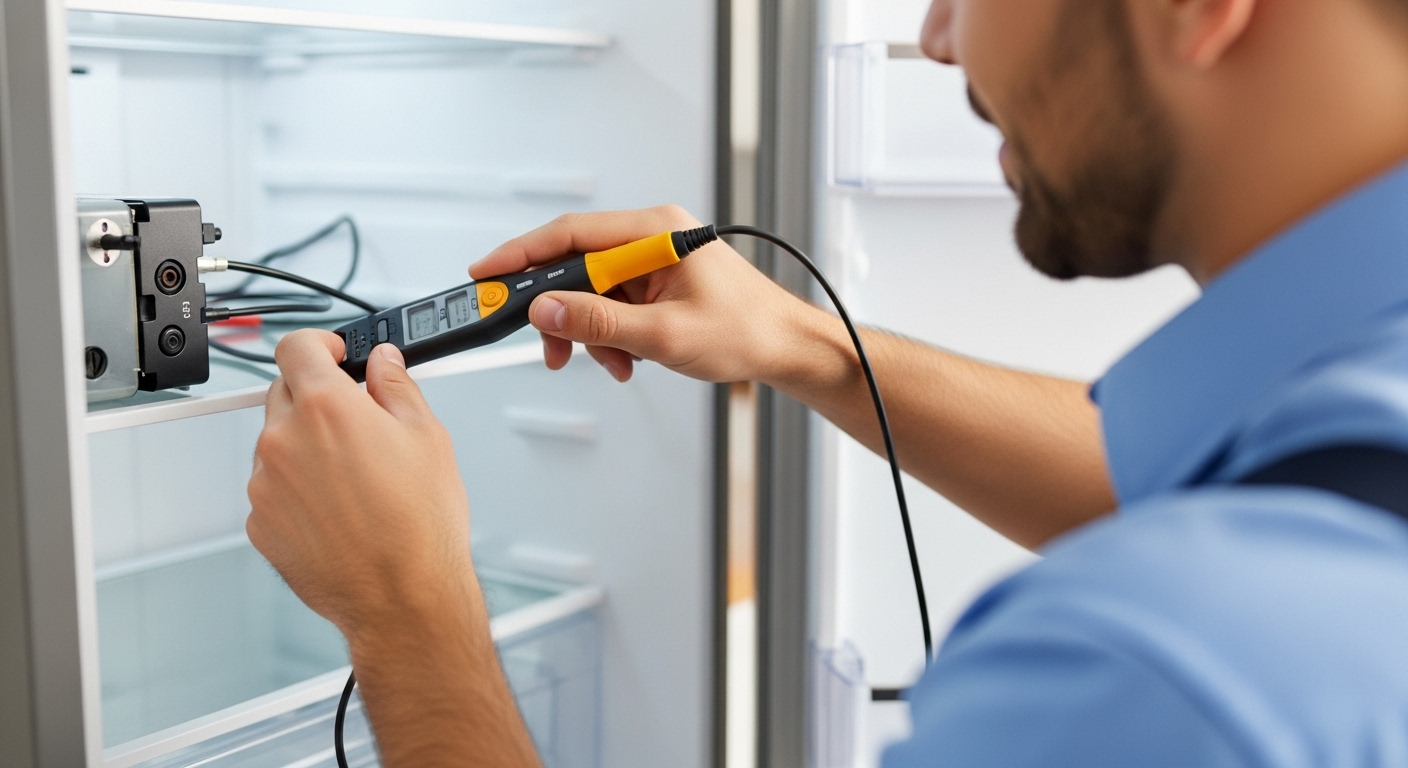 Appliance repair technician diagnosing a refrigerator in an Abbotsford home.