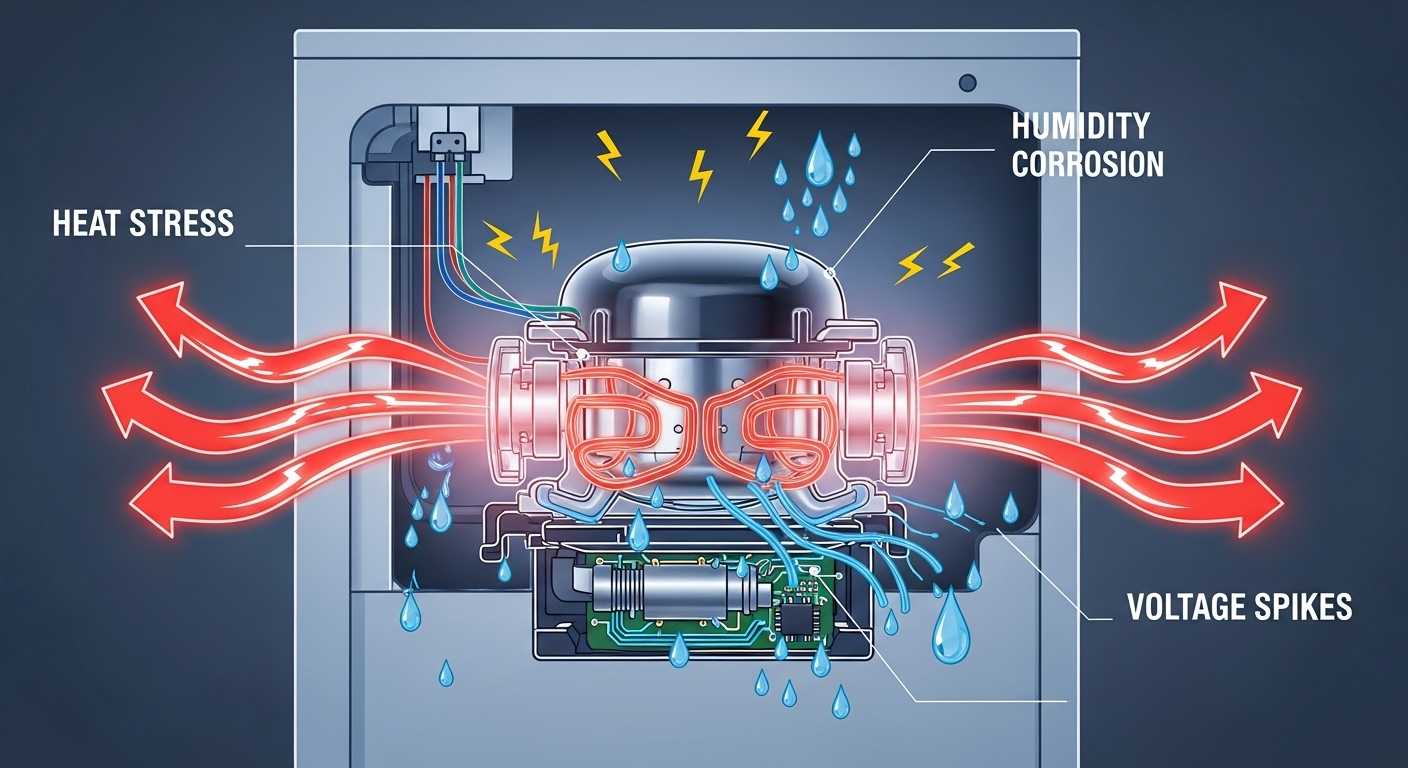 Illustration of home appliances under stress from summer heat and humidity