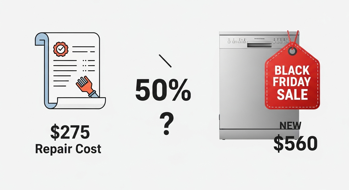 A visual representation of the 50 percent rule for deciding between appliance repair and replacement during Black Friday.