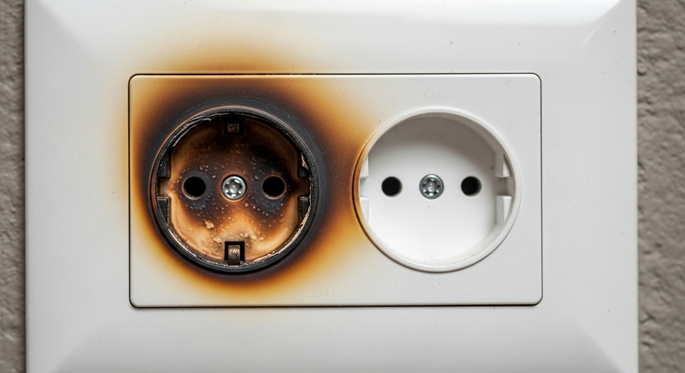 A scorched electrical outlet, a critical warning sign of an electrical fire hazard