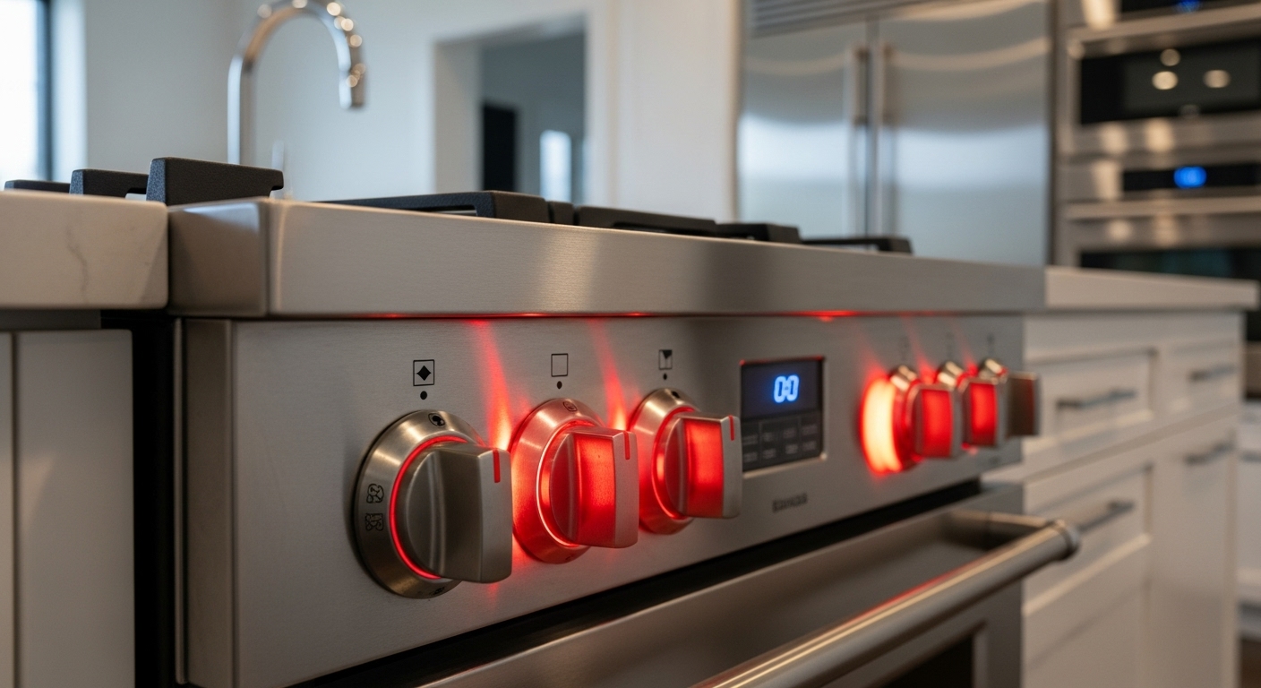 Glowing stove knobs representing a fire hazard from an appliance recall