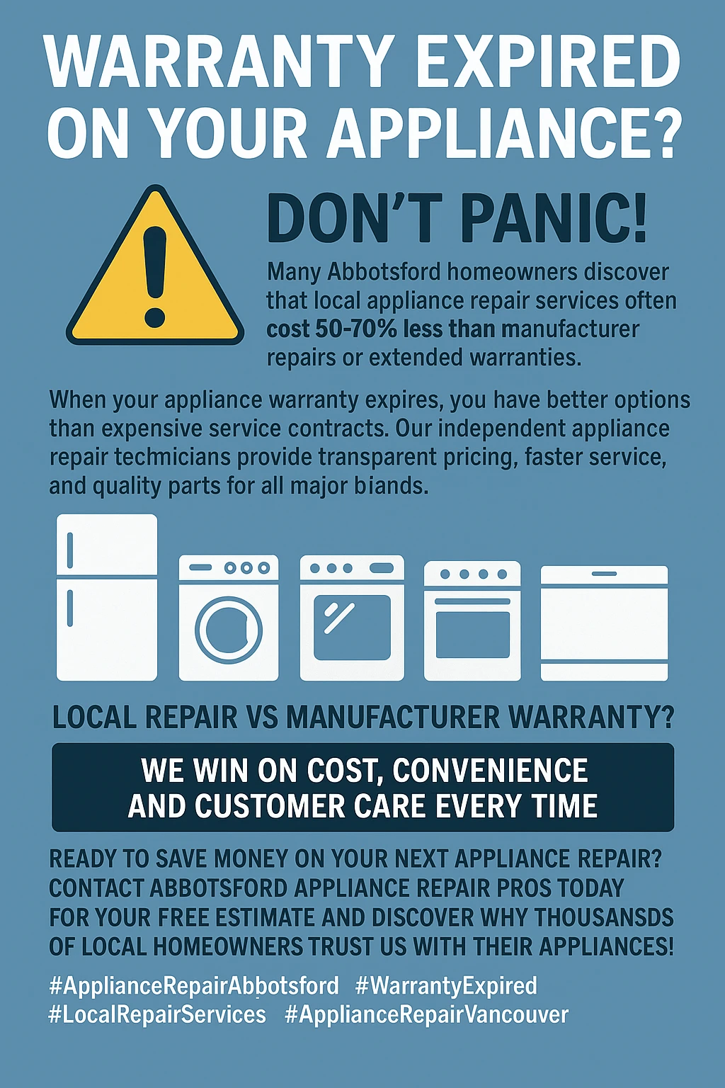 Infographic showing key takeaways about appliance warranties and repair options for Abbotsford homeowners.