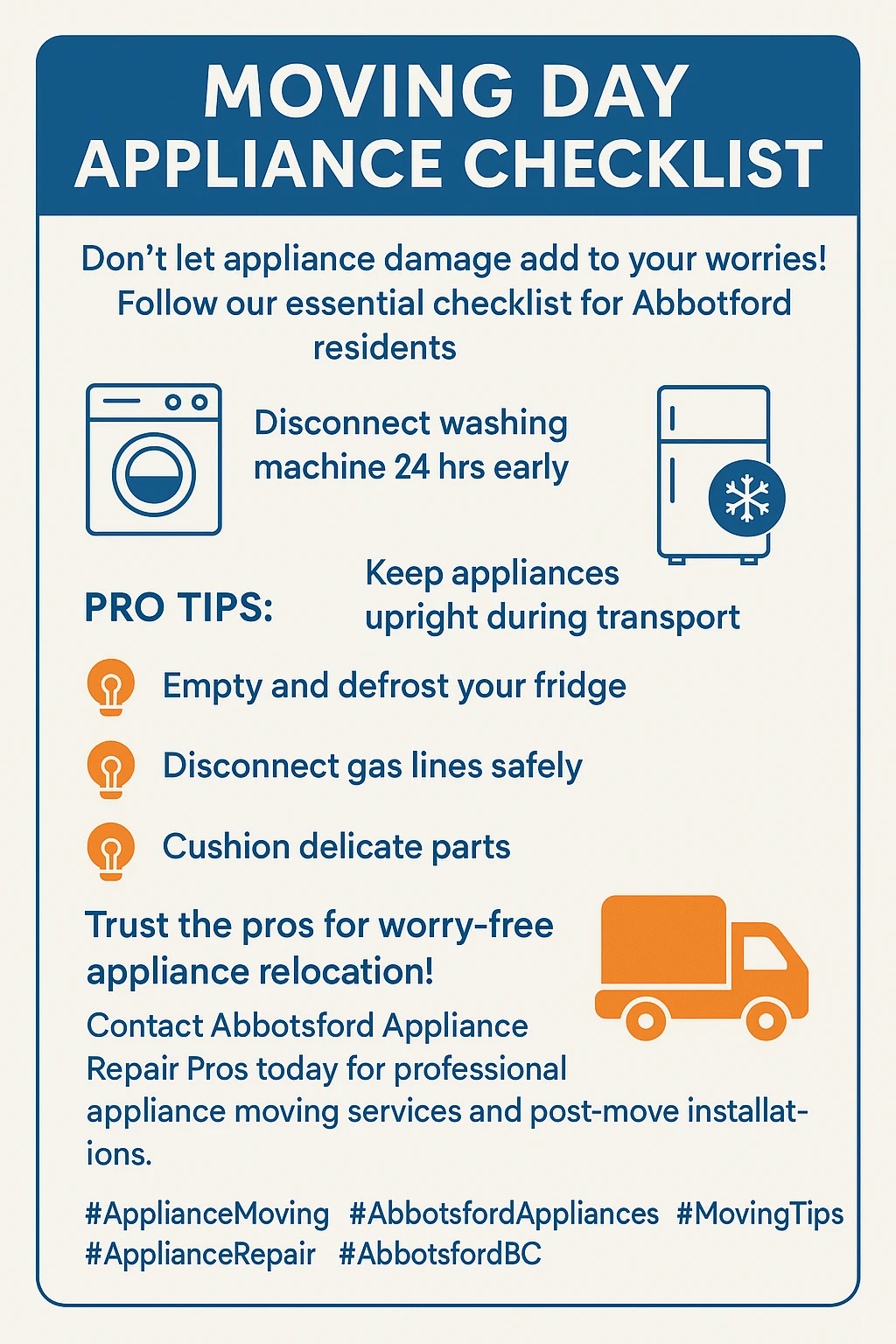 Infographic detailing key takeaways for safely moving home appliances in Abbotsford.