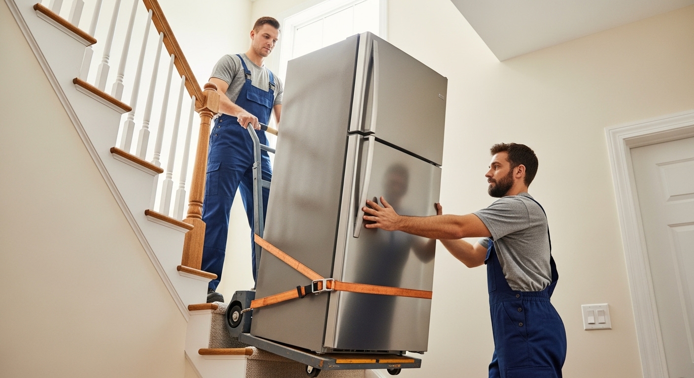 Two professional movers using a heavy-duty appliance dolly to transport a refrigerator safely.
