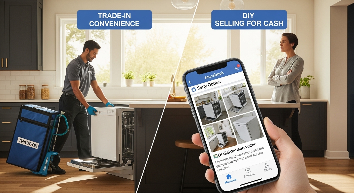A homeowner stands in their kitchen contemplating the appliance upgrade dilemma.