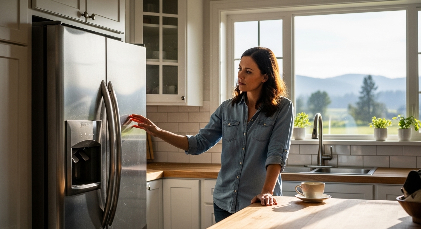 A homeowner in Abbotsford looks thoughtfully at their refrigerator, considering whether to repair or replace it.