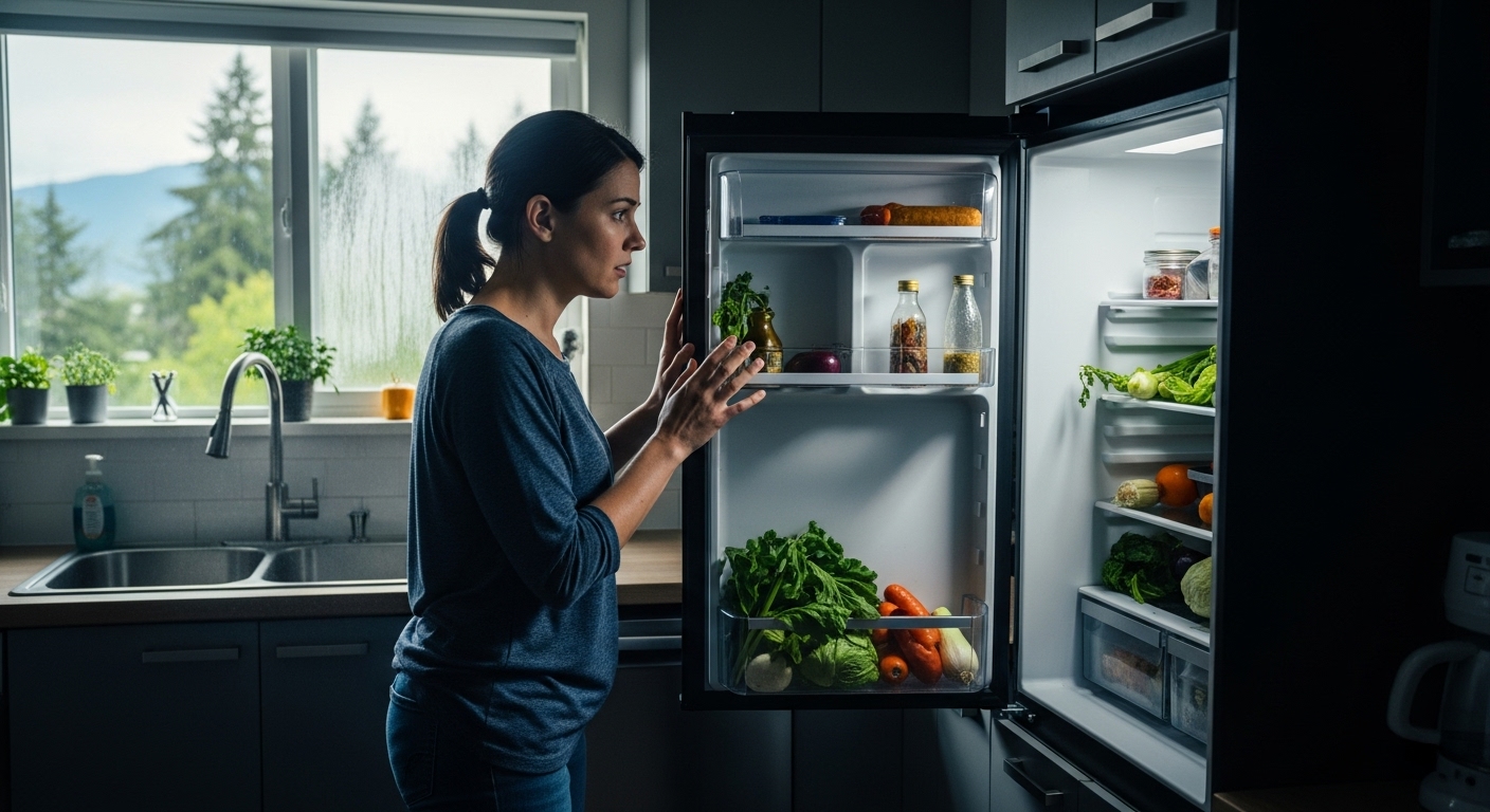 Stressed tenant in Abbotsford looking into an open, non-working refrigerator.