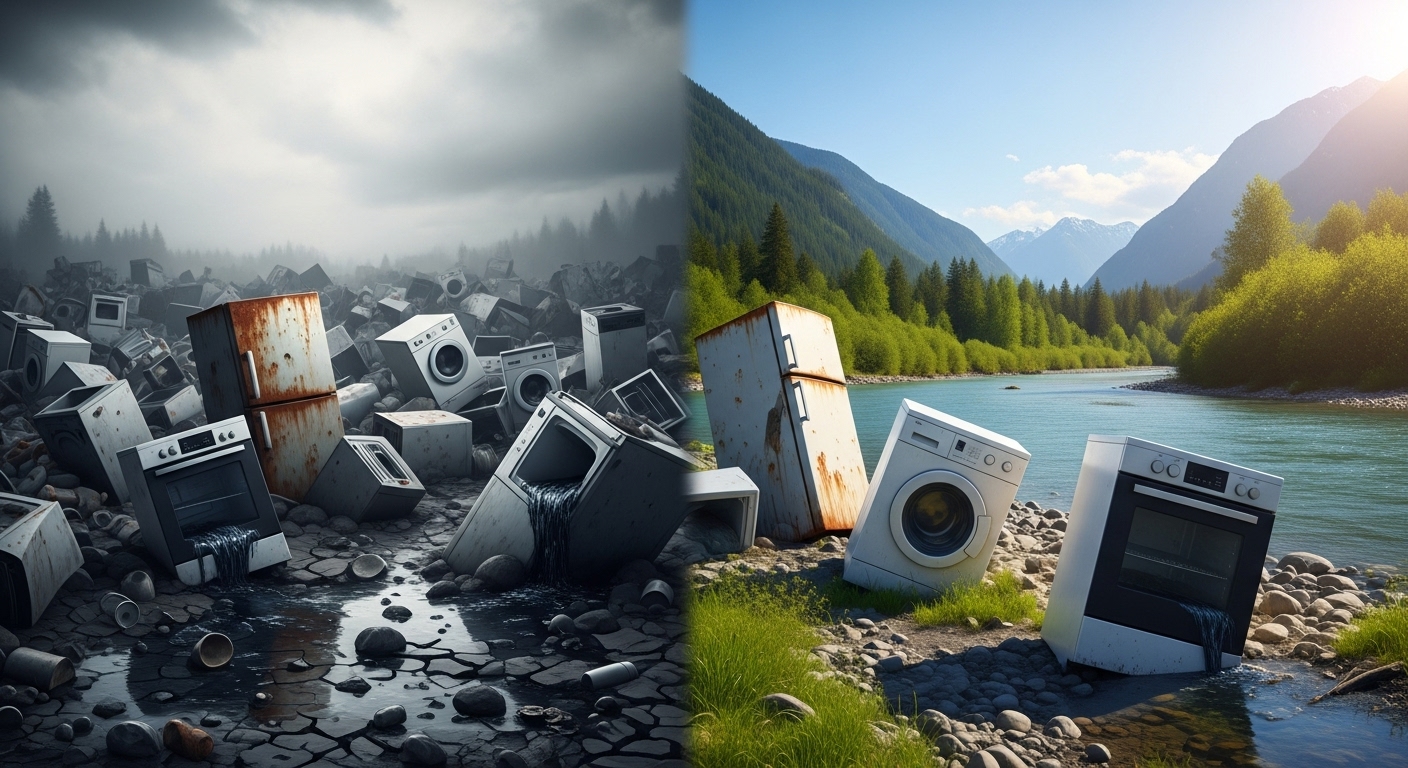 Old appliances piled up in a landfill, representing an environmental hazard.