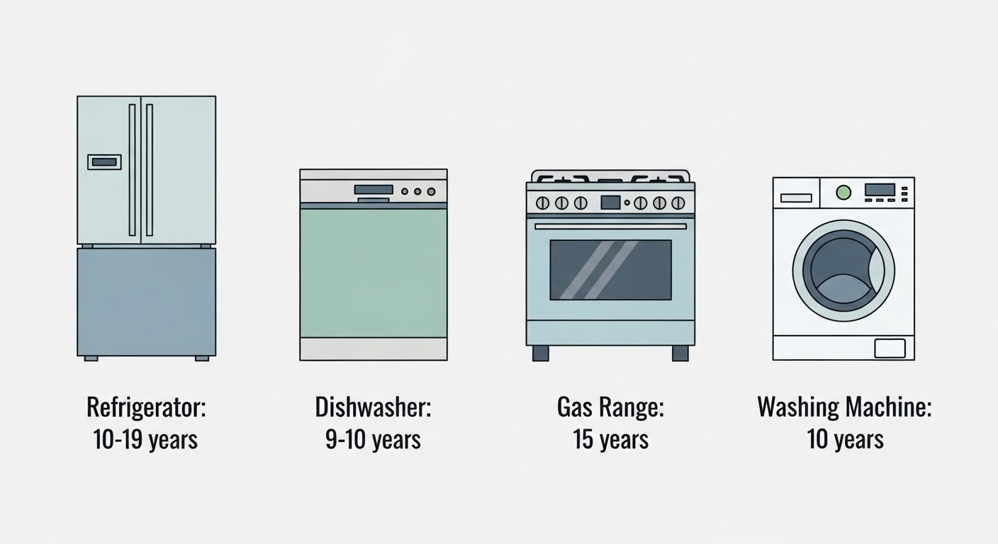 A chart displaying the average lifespans of various home appliances like refrigerators, dishwashers, and washing machines.