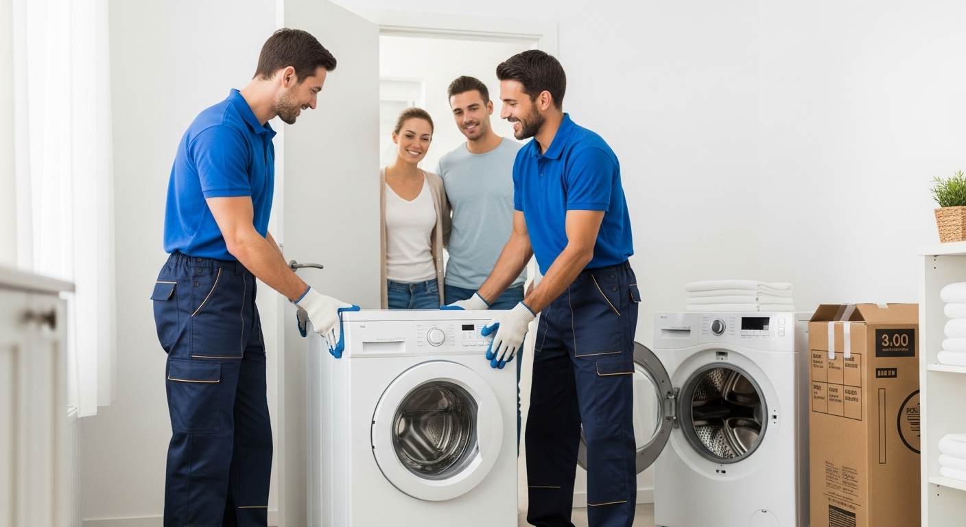 A professional hauls away an old refrigerator, illustrating a hassle-free appliance trade-in service.