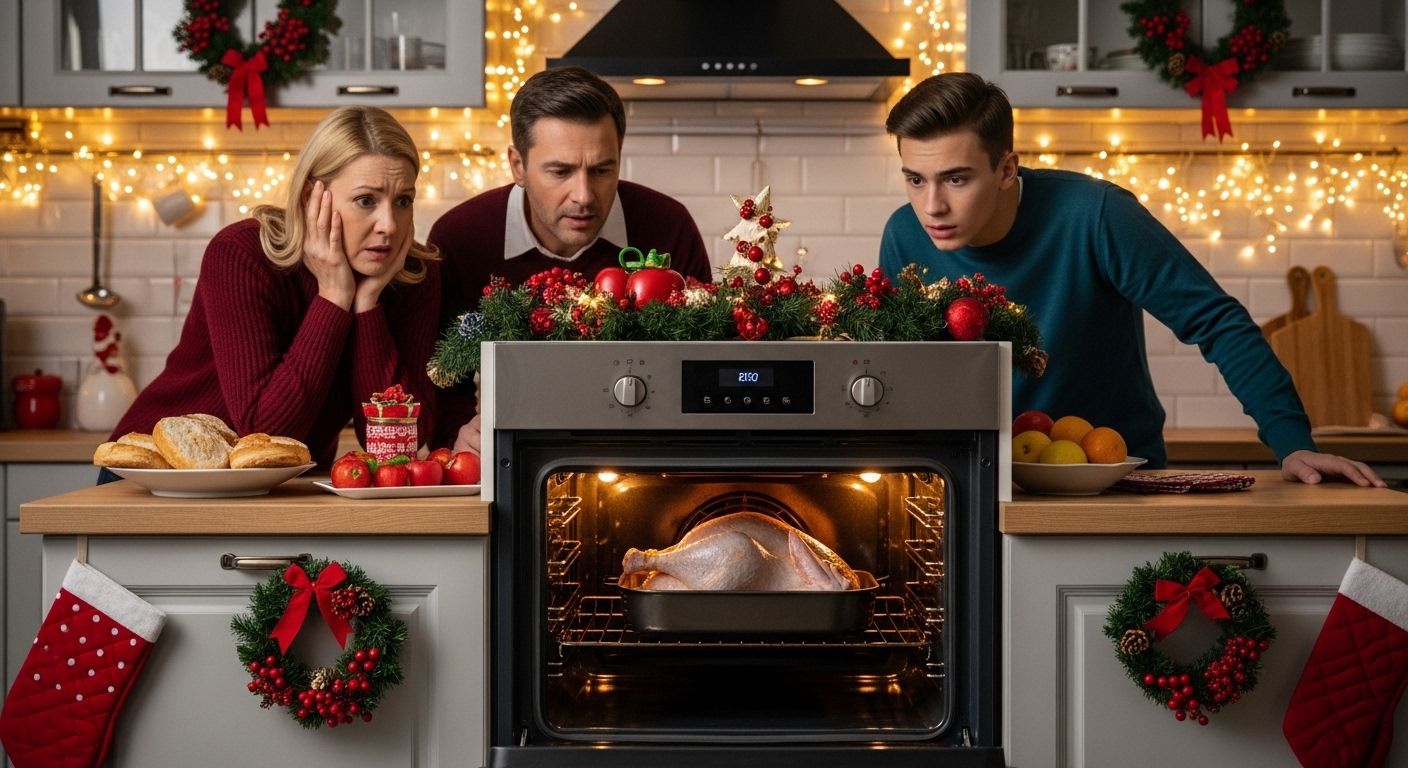 A broken oven during a holiday meal, a common cooking disaster.