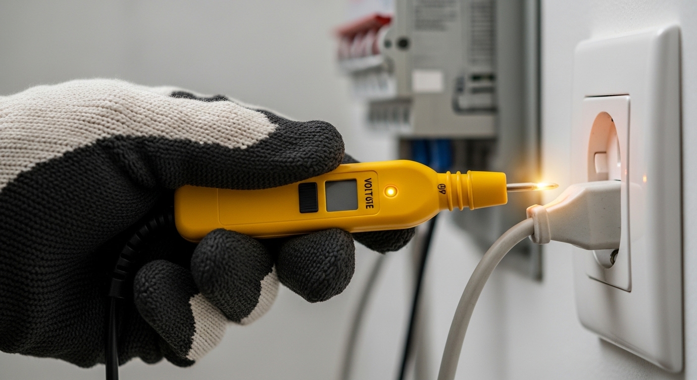 Homeowner using a voltage tester for safety before an appliance repair
