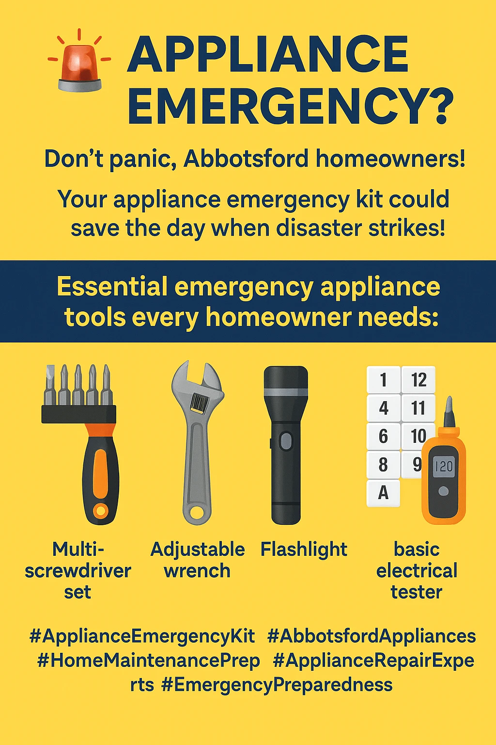 Infographic on key takeaways for an appliance emergency kit in Abbotsford