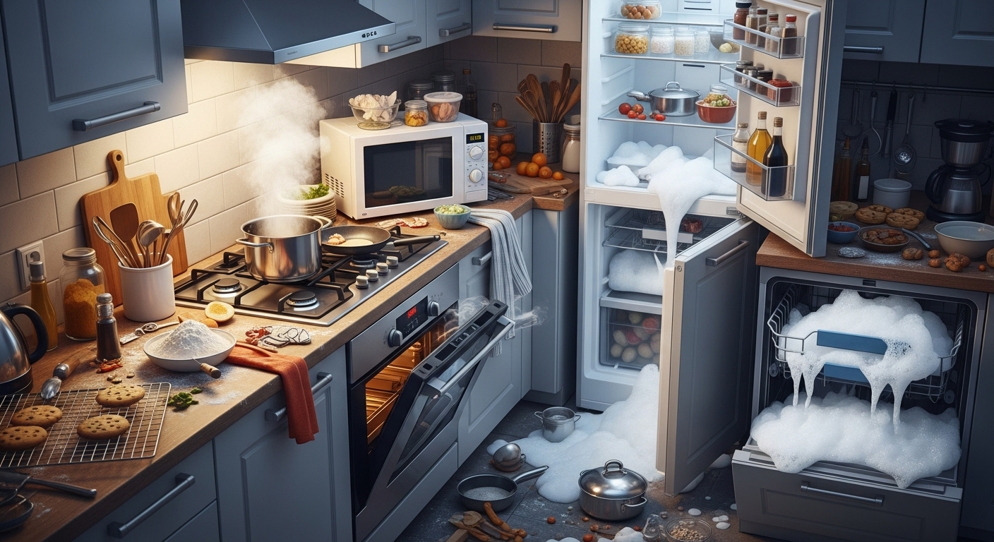 Overworked kitchen appliances smoking, a common holiday failure.