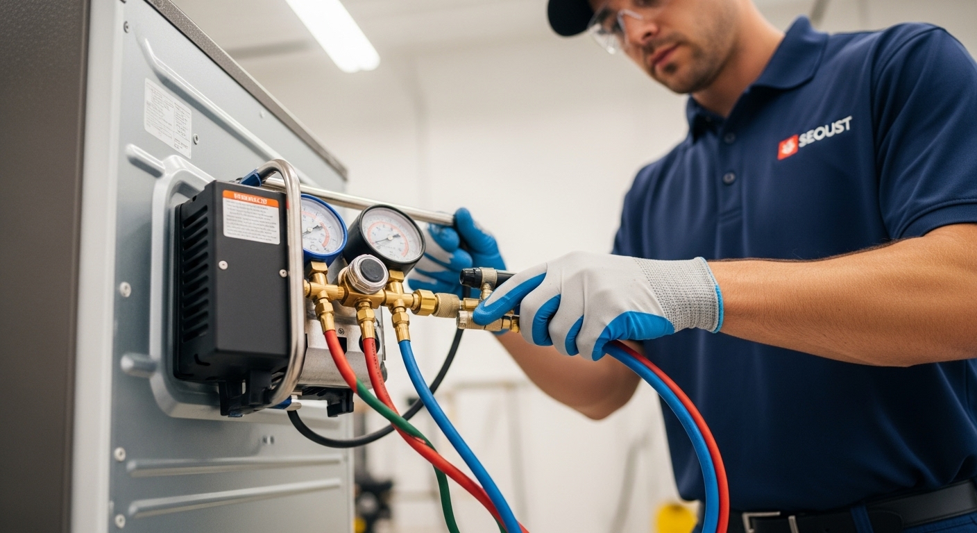 A professional technician safely performing refrigerant recovery from an old appliance.