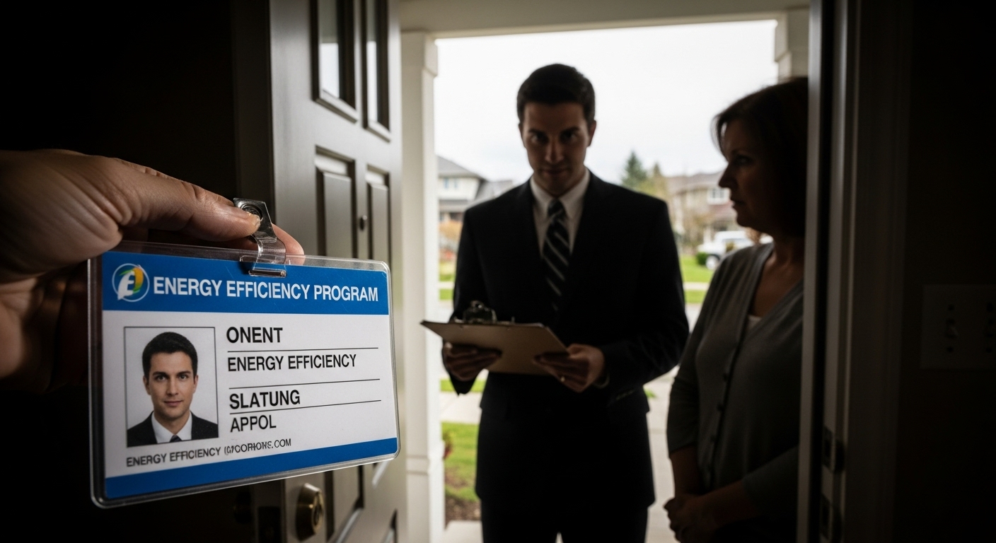 Illustration of a door-to-door energy scammer talking to a homeowner in Abbotsford.