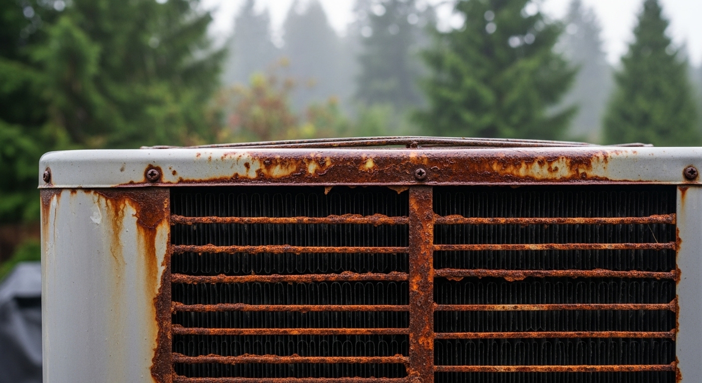 Corrosion on an HVAC unit due to Abbotsford's coastal climate