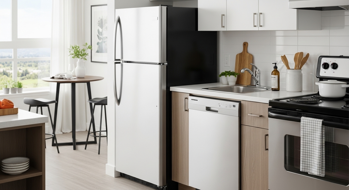 Compact kitchen appliances, including a small fridge and oven, in a modern Abbotsford apartment