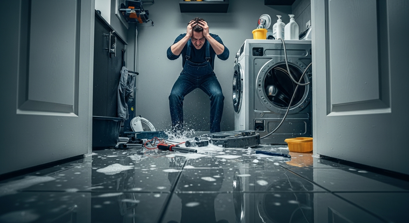 Flooded laundry room with scattered tools, a consequence of a failed DIY washing machine repair.