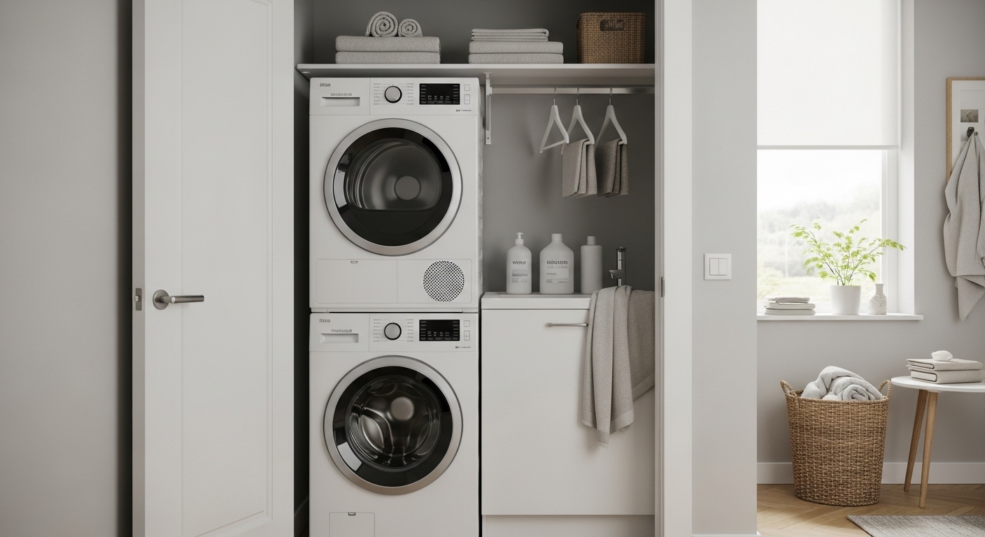 An efficient stackable laundry washer and dryer unit inside an apartment closet