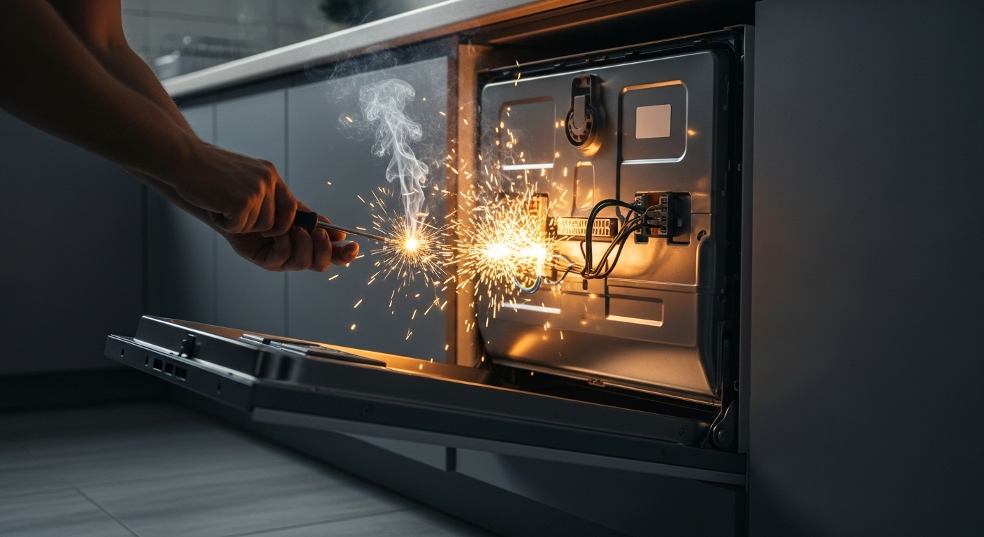 A warning symbol for electrical shock hazard on the back of a modern appliance, highlighting DIY repair dangers.
