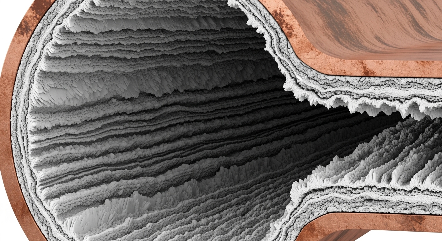 Close-up of severe limescale buildup inside a cross-section of a water pipe