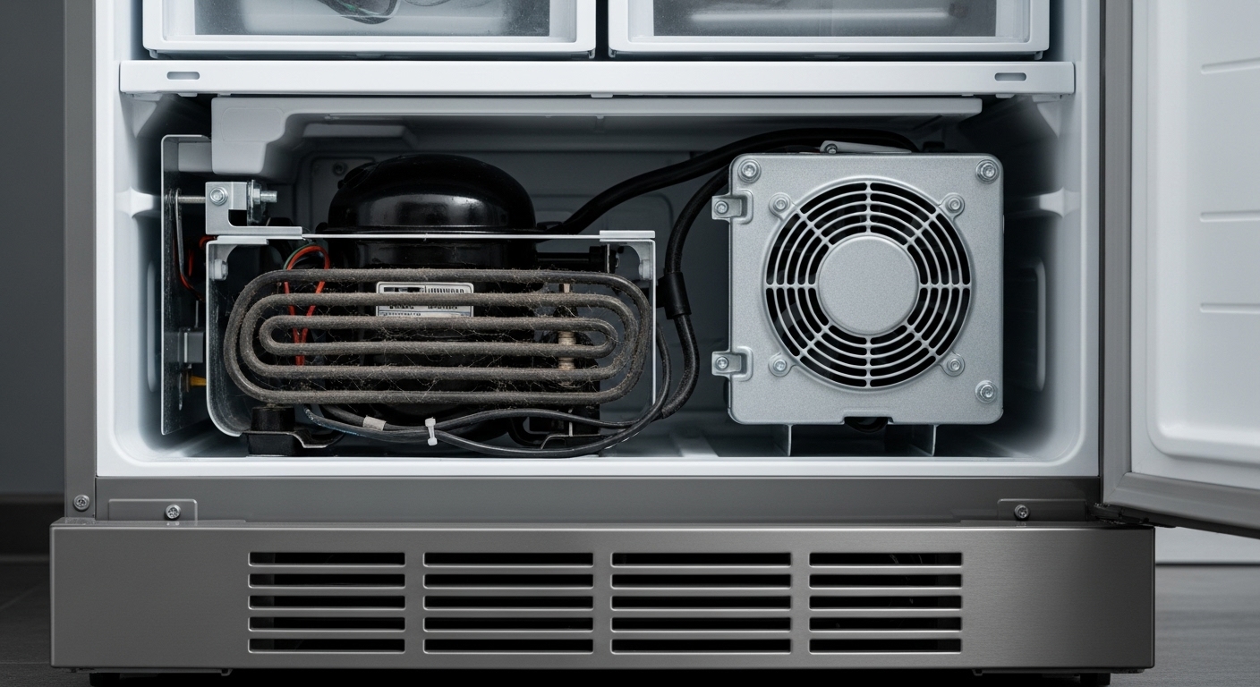 Close-up inspection of a refrigerator's compressor and coils.