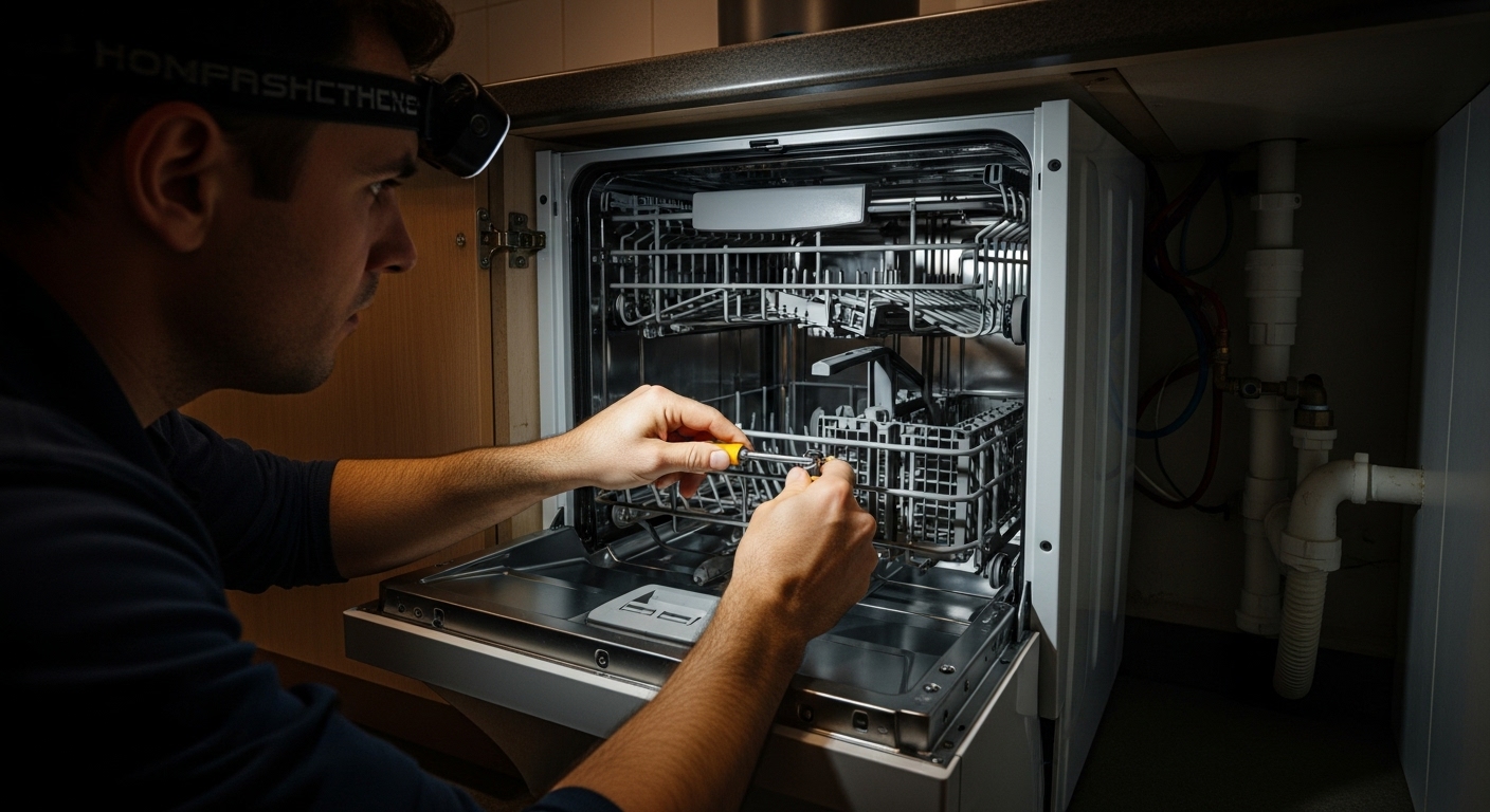 Technician repairing a compact appliance in a tight apartment space