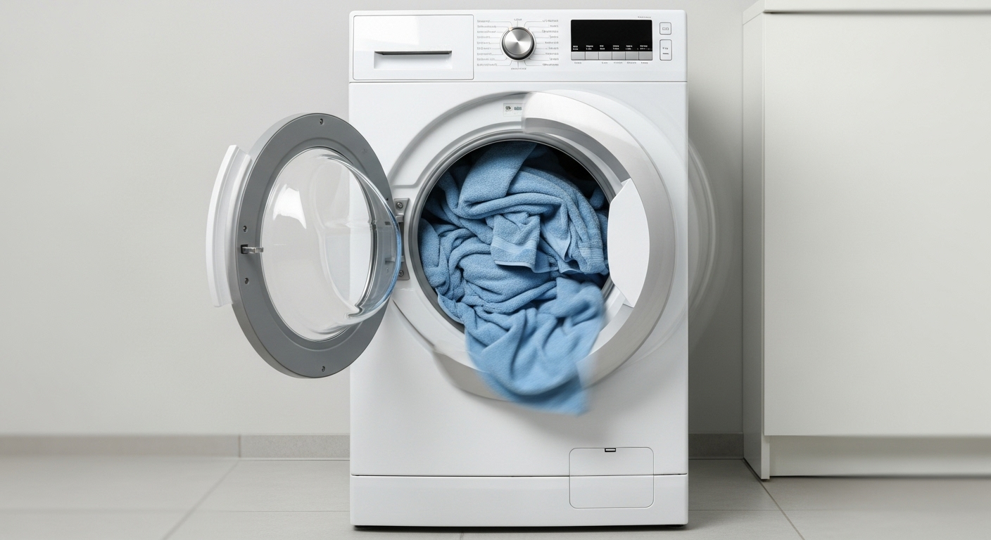 An unbalanced load of laundry causing a washing machine to shake violently.