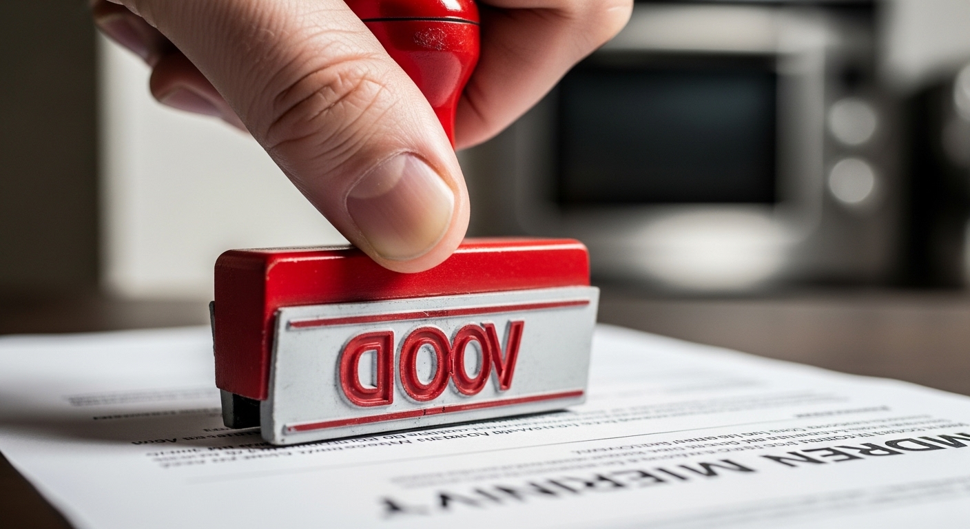 A close-up of an appliance warranty document stamped with 'VOID' due to unauthorized DIY repair.