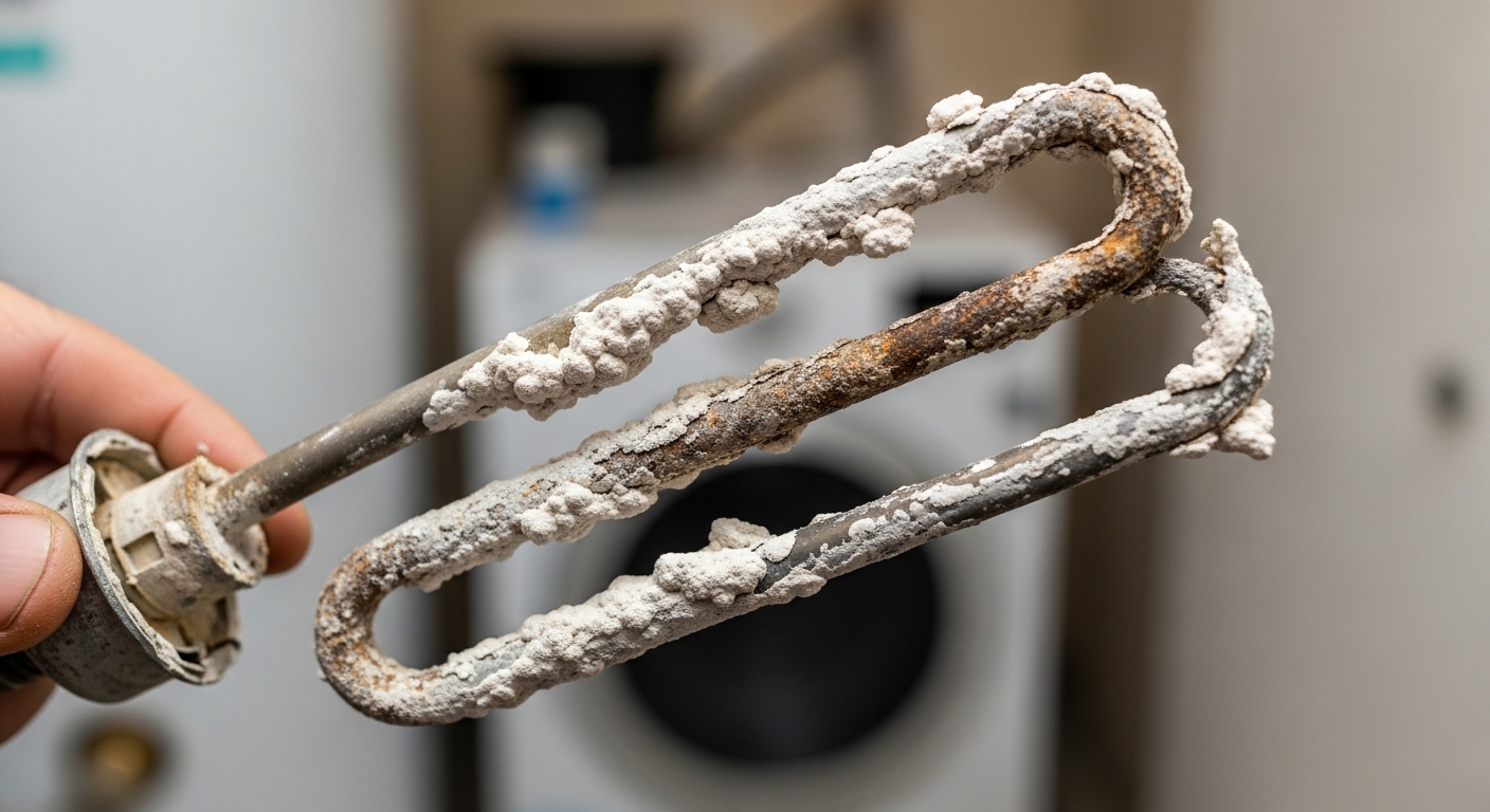 A water heater heating element completely encrusted with limescale mineral deposits