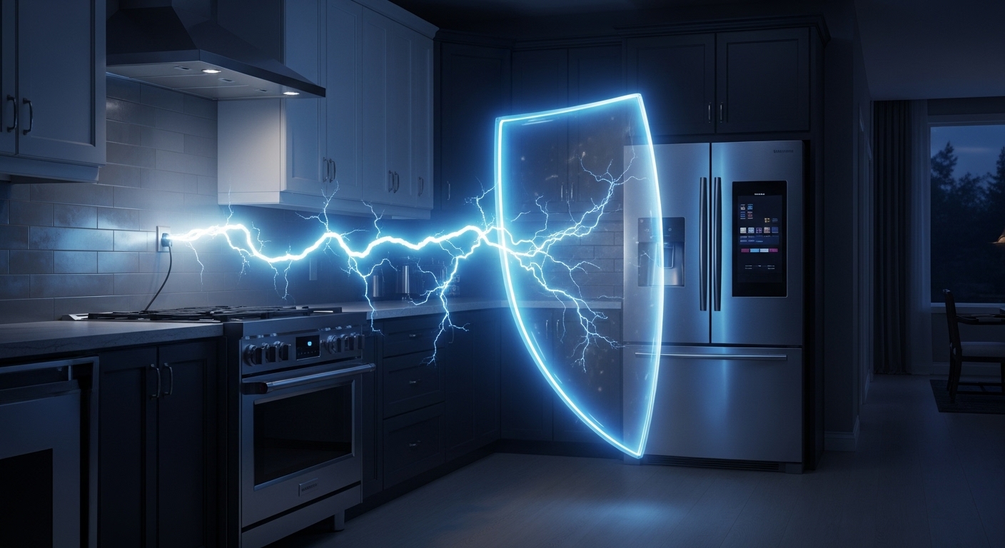 A shield graphic protecting various home appliances from an electrical surge, representing power surge protection in Abbotsford homes.