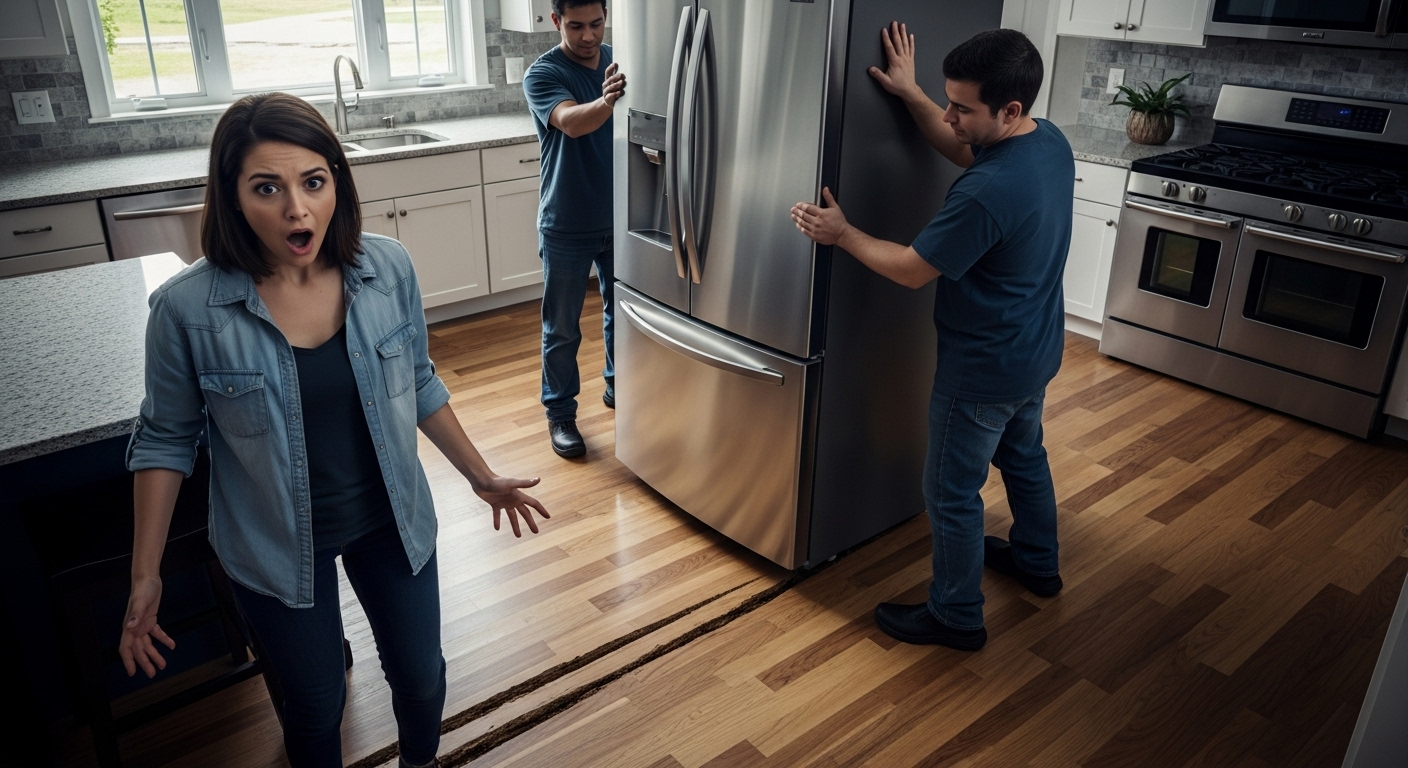 Scratched hardwood floor from an appliance delivery