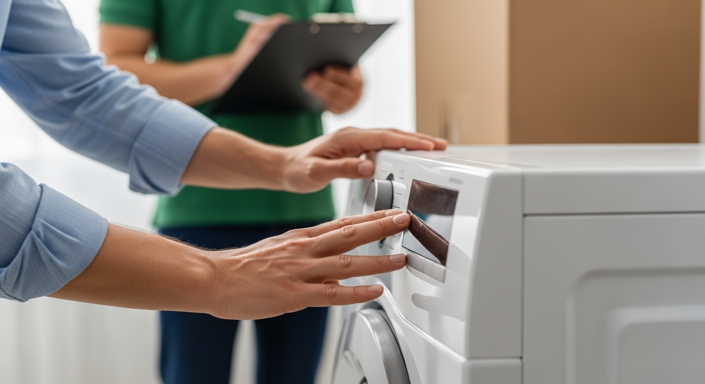 Customer carefully inspecting a new refrigerator for damage before signing delivery form