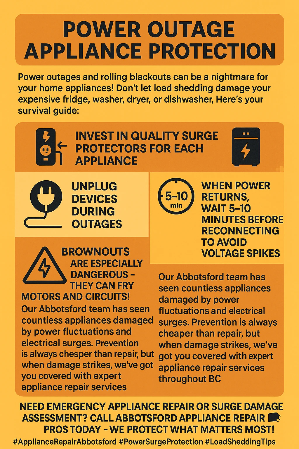 Infographic of key takeaways for protecting home appliances during power outages in Abbotsford.