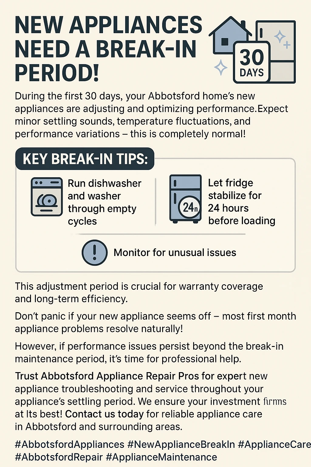Infographic summarizing key takeaways for new appliance break-in period.