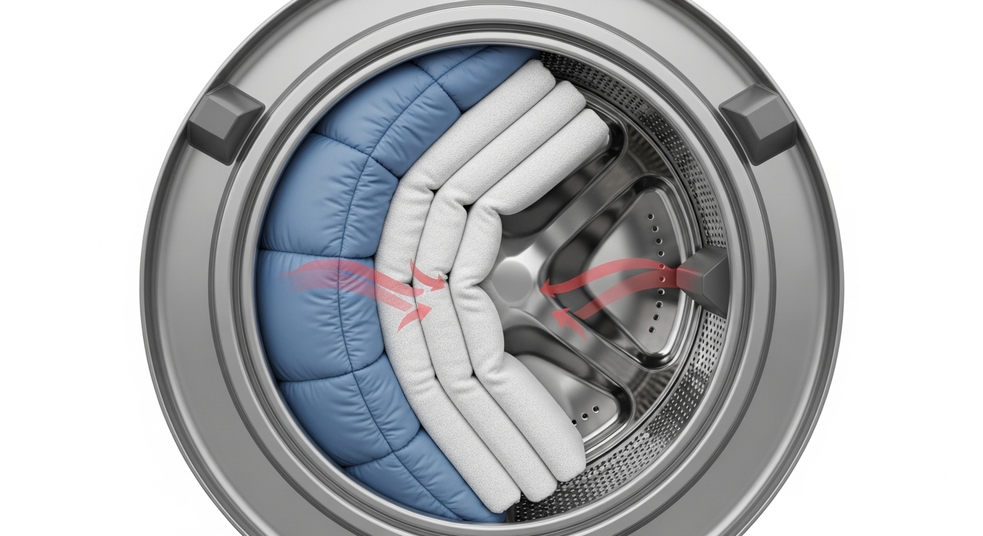 Inside view of a washing machine drum with a single heavy item, illustrating an unbalanced load.