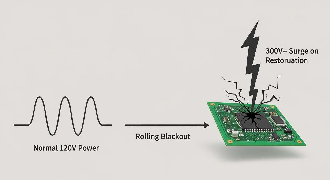 A diagram illustrating a large voltage spike that occurs when power is restored after an outage.