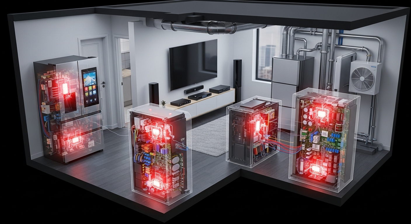 A collection of smart home appliances, like a smart fridge and thermostat, shown as vulnerable during a power surge.